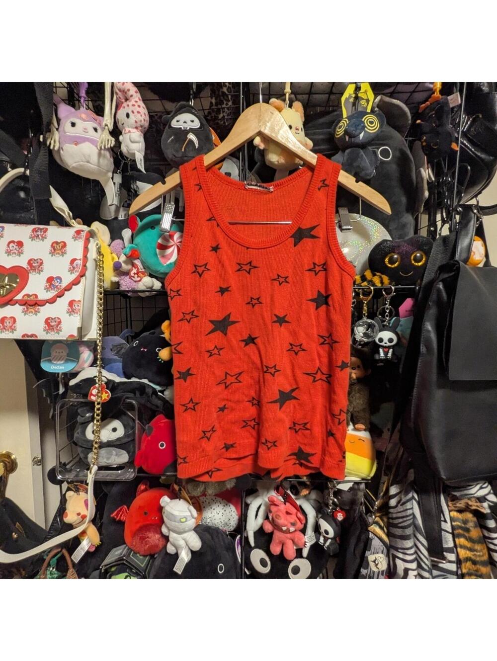 Red Ribbed Star Print Y2K Tank Top